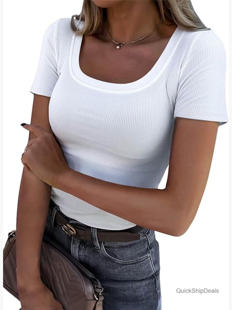 Scoop Neck Short Sleeve Ribbed Knit T-Shirt Slim Fit Pullover